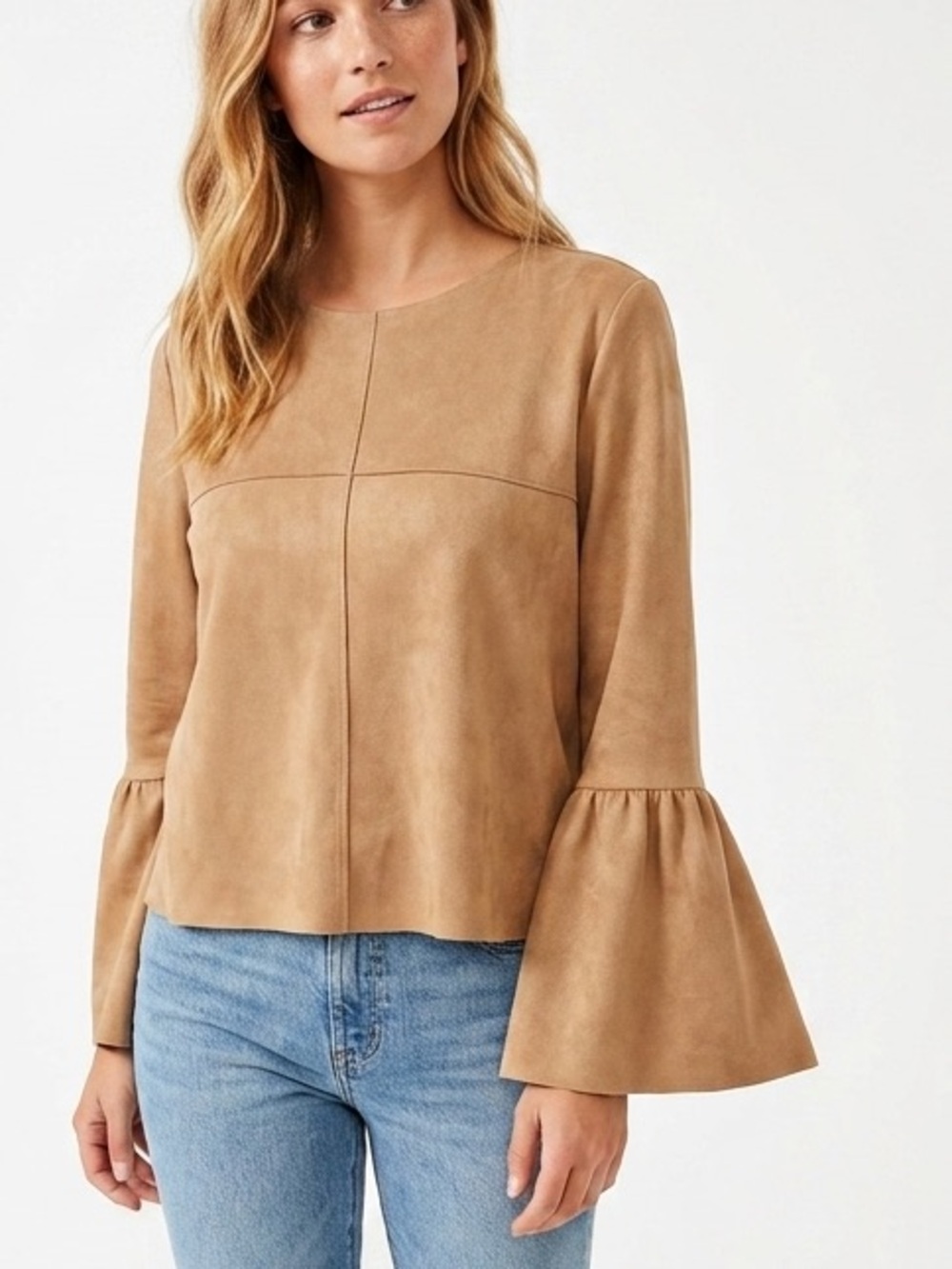 NEW Do+Be Faux Suede Bell sleeves cropped blouse top TAN SMALL Hippie western